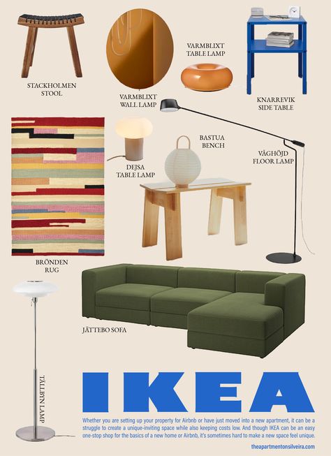 graphic poster of unique IKEA decor items and furniture Ikea Midcentury Hack, Jattebo Sofa, Jattebo Ikea, Varmblixt Lamp, Ikea Bauhaus, Baggebo Ikea, Ikea Airbnb, Ikea Knarrevik, Ikea Varmblixt