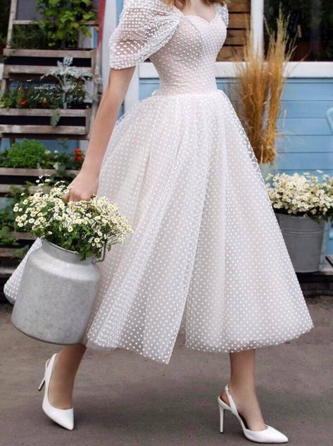 Chic Polka Dot Midi Wedding Dress With Off-shoulder Design, Short Wedding Dress, Reception Dress, Engagement Dress - Etsy 1950 Wedding Dress, Short Bride Dresses, Older Bride Wedding Dress, Wedding Dress Reception, Modest Wedding Dresses With Sleeves, Courthouse Wedding Dress, Bridal Wardrobe, Midi Wedding Dress