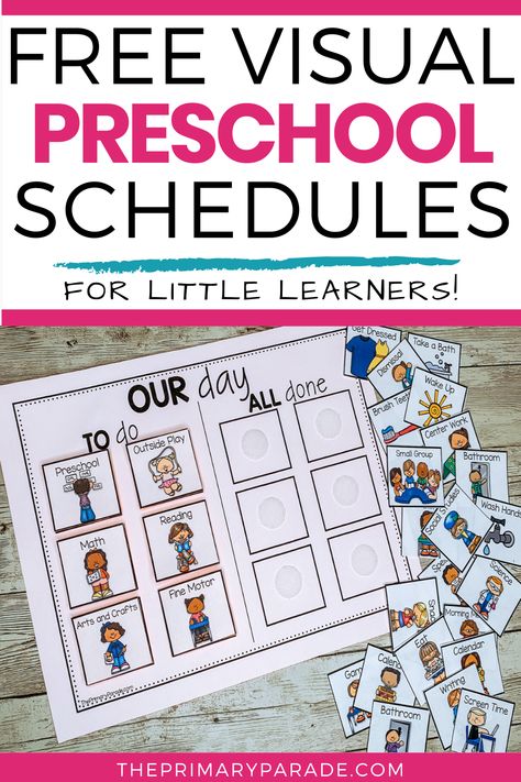 Need a preschool schedule that is easy to use and visual for your little learners? This visual schedule has it all! Prek Visual Daily Schedule, Visual Homeschool Schedule, Homeschool Visual Schedule Free Printables, Picture Schedule For Preschool Classroom, Preschool Picture Schedule, Visual Schedule Kindergarten, Kindergarten Visual Schedule, Homeschool Visual Schedule, Visual Daily Schedule For Preschool