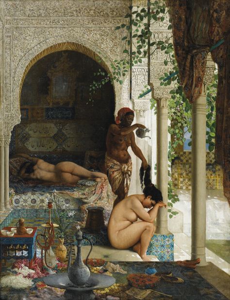 Marc-Alfred Chataud | lot | Sotheby's Arabian Beauty Women Egypt, Harem Painting, Arab Paintings, Exotic Paintings, Egypt Concept Art, Arabian Art, Arabian Women, Rennaissance Art, Bath Art