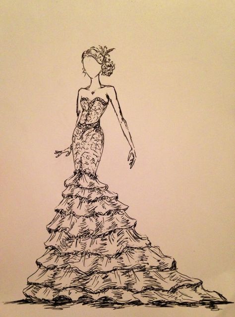 "Bring your wedding dress to life with a beautiful, black and white rendition! Traditional fashion design influences the elongated figure, showcasing the details of your dress. I will use your features for the figure, or if you prefer, I can create a sketch of the dress on a mannequin. I use high quality permanent Indian ink, and 140lb paper... So you can be sure your image will last for years! Send me a massage and let me know size requests, requests for monograms or scripted quotes... The possibilities are endless! Once we decide on the details, we will get started! Please allow 3-5 days for production. Once complete, I'll send a picture for your approval... THEN you can place your order! Rest assured that you will only pay if you love the product. Additional Pricing Examples: 8\"x10\" f Dress On A Mannequin, Fantasy Dress Design, Newspaper Fashion, Dress Sketch, Fashion Model Sketch, Wedding Dress Sketches, Fashion Design Template, Model Sketch, Fashion Drawing Sketches