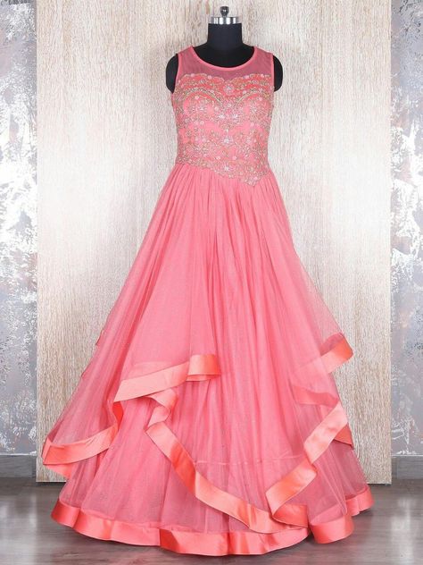 pink zardosi gown Long Frocks Models, Long Gown Pattern, Indo Western Gowns, Gown Dress Party Wear, Western Gowns, Frock Models, Net Gown, Indian Wedding Gowns, Net Gowns