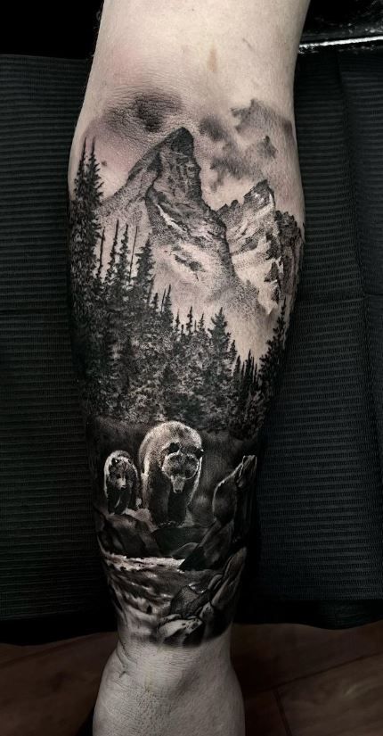 Three Bear Tattoo, Bear In Woods Tattoo, Deer Shoulder Tattoo, Wildlife Sleeve Tattoo For Women, Bear Tattoos For Men Forearm, Black Bear Tattoos, Bear Forearm Tattoo, Realistic Bear Tattoo, Big Bear Tattoo