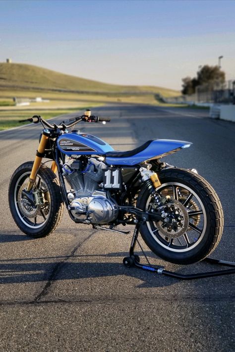 2001 Harley-Davidson 1200 Sportster street tracker by Bill Brosius, built in tribute to his father and their shared love of flat track racing. Harley Davidson Flat Tracker, Harley Flat Tracker, Sportster Tracker, 1200 Sportster, Street Tracker Motorcycle, Sportster Cafe Racer, Harley Davidson 1200, Flat Track Racing, Hd Sportster