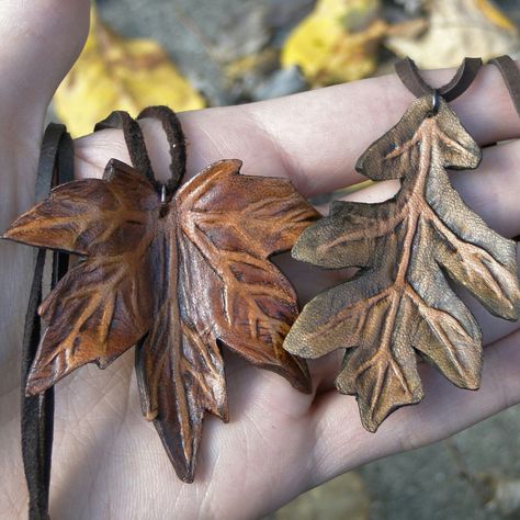 Leather leaf pendants, handmade by folkofthewood Leaf Necklaces, Woodland Fairies, Leather Quiver, Oak Leaf Necklace, Eco Friendly Products, Leather Leaf, Necklace Leather, Leather Stamps, Fairies Elves