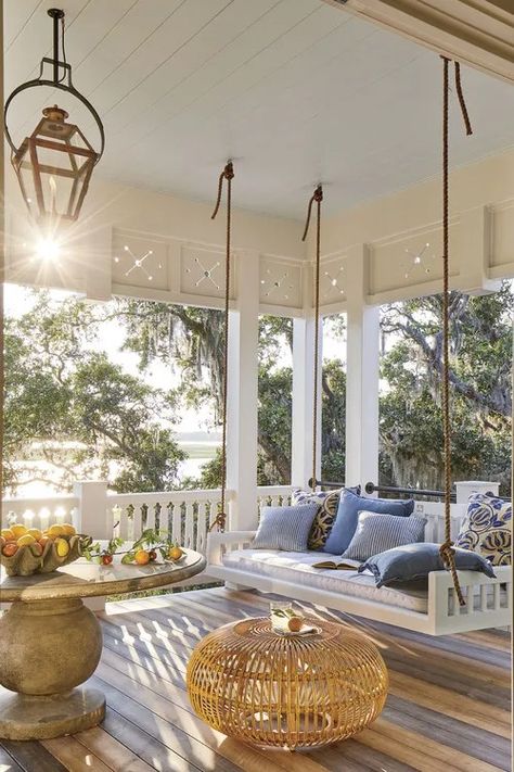 Front Porch Swing Alternatives - Susan Said... WHAT?! Porch Swing Aesthetic, Porch Off Kitchen, Dream House Porch, Coastal House Exterior, Future Mansion, Pretty Porches, Front Porch Swing, Riverside House, Porch Living