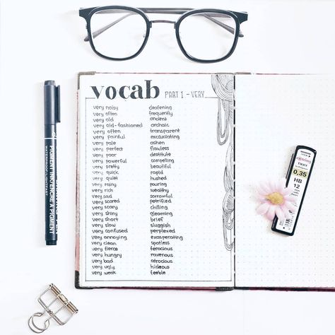 Vocabulary collection for bullet journal #bulletjournalideas Vocabulary Journal Ideas, Bullet Journal Vocabulary, Language Bullet Journal, Language Notebook, Vocabulary Ideas, Vocabulary Journal, Language Journal, Wake Ideas, Better English