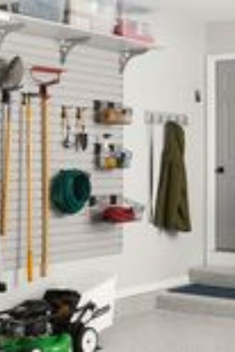 Organize your garage in no time with these simple steps! Start by emptying the entire space and sorting items into piles – keep, donate, and throw away. Next, purchase metal shelves to store large items and hooks to secure bikes or other tools. Label boxes of seasonal decorations and tools so that everything is easily identifiable when needed. Finally, use baskets or containers for small objects like power cords or hardware bits. With these easy strategies, you'll be able to efficiently maximiz Garage Cabinets Organization, Slatwall Garage, Wall Organization System, Garage Wall Organizer, Garage Organization Systems, Organized Garage, Garage Storage Inspiration, Garage Organization Tips, Garage Storage Solutions