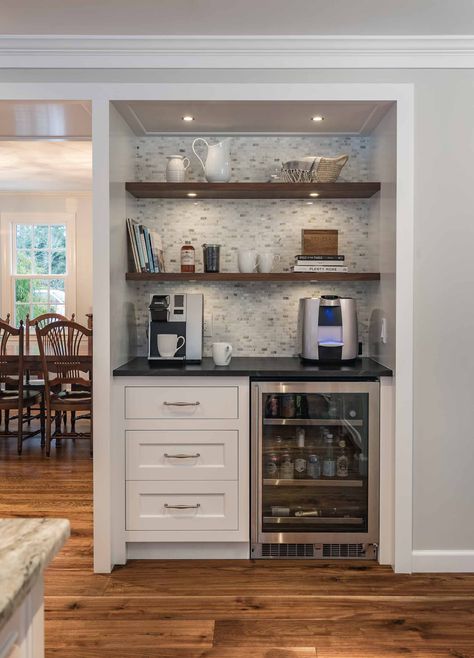 Open Shelving - Chaos or Chic? - Jewett Farms Built In Coffee Bar, Coffee Station Ideas, Coffee Station Kitchen, Coin Café, Home Coffee Stations, Coffee Bars In Kitchen, Coffee Nook, Home Coffee Bar, Coffee Bar Home