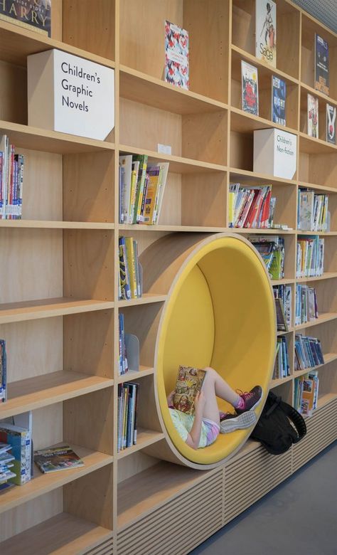 Chair Shelf, Library Signage, School Library Design, Library Cafe, Classroom Interior, Library Inspiration, Community Centre, Childrens Library, School Interior