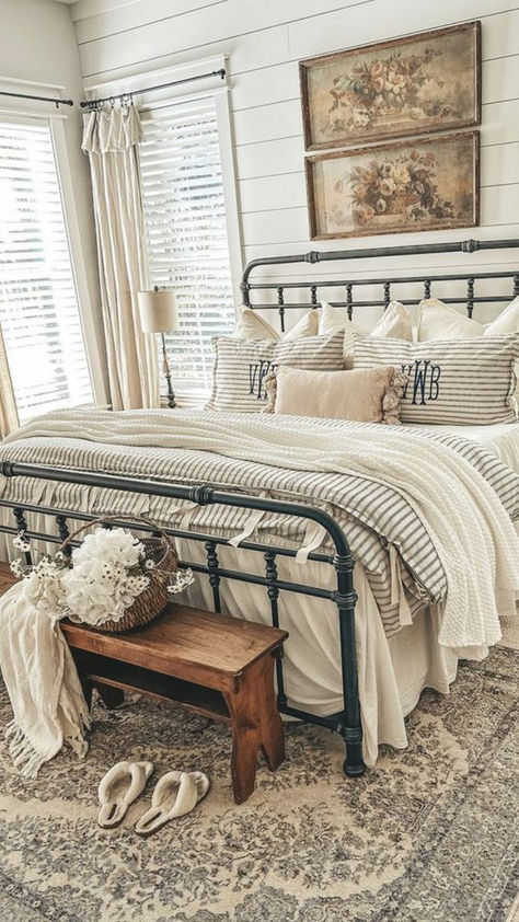 Farmhouse bedroom aesthetic Monogram pillows Farmhouse tiny cottage Simple Living Southern Living The perfect bedspread for the perfet cottage core bedroom Farmhouse Bedroom Iron Bed, French Linen Bedding Master Bedrooms, Farm Chic Bedroom, Rustic Chic Master Bed, Small Cottage Home Decor, Farmhouse Iron Bed, Old Farmhouse Master Bed, Small Bedroom Layout Ideas Cozy, Vintage Farmhouse Bedding