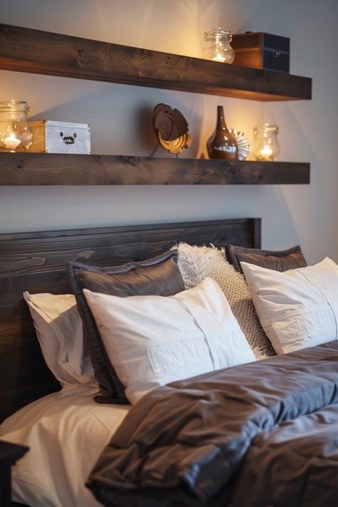 13 Gorgeous Ideas For Above-Bed Wall Decor You Need To See - DreamyHomeStyle Shelves Above Headboard Bedroom, Shelf With Lights Above Bed, Shelf Over Headboard, Wall Shelves Above Bed, Shelves Over Bed Ideas, Behind Bed Shelf, Bedroom Shelf Decor Above Bed, Above Headboard Ideas, Long Shelf Above Bed