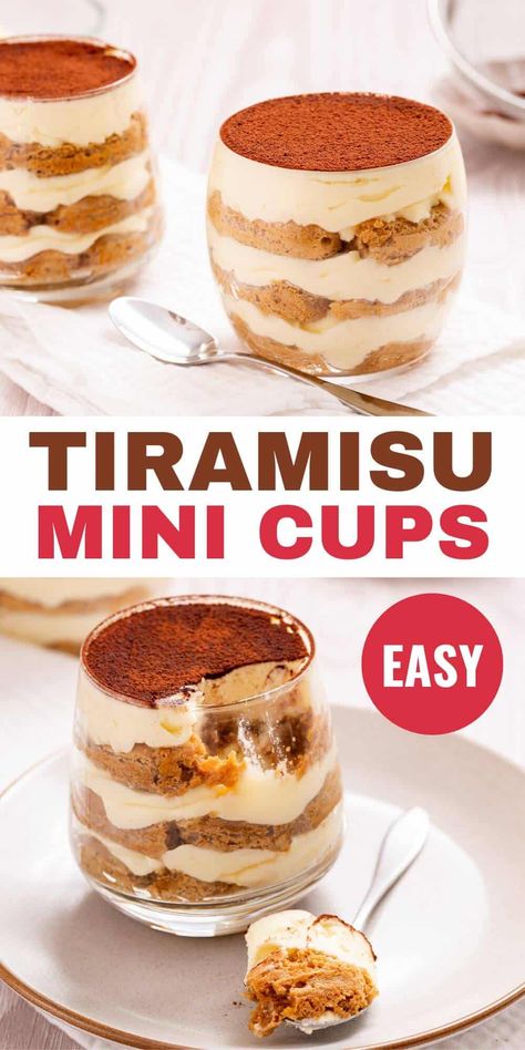 Mini Tiramisu Cups Small Tiramisu Cups, Easy Tiramisu Recipe In A Cup, Mini Tarimisu Cups, No Bake Desserts Cups, Tiramisu In Glass Cups, Trifle Cups Individual, Desert Cups Ideas Chocolate, Tiramisu Cups Recipe, Single Serve Tiramisu