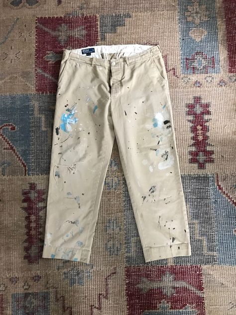 Paint Splatter Pants, Ralph Lauren Paint, Painters Pants, Boyfriend Pants, Ralph Lauren Skirts, Portland Me, Khaki Chinos, Vintage Polo Ralph Lauren, Paint Splash