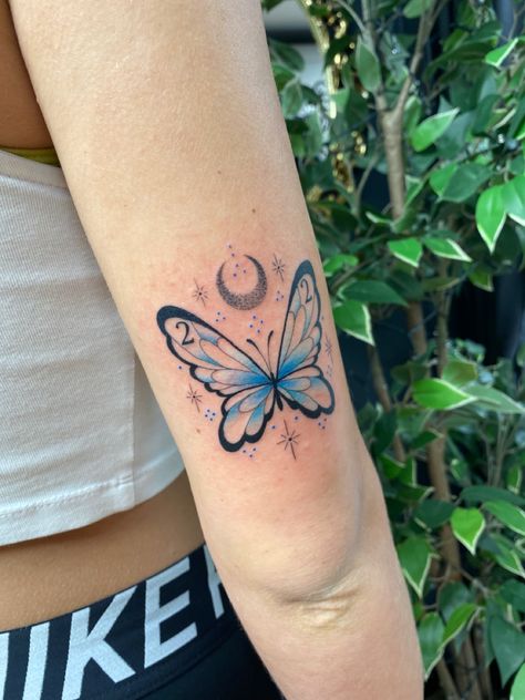 Blue Butterfly Tattoo Arm, Celestial Butterfly Tattoo, Blue Ink Butterfly Tattoo, Butterfly Angel Number Tattoo, Colourful Butterfly Tattoo, Chest Tattoo Drawings, Feminine Shoulder Tattoos, Colorful Butterfly Tattoo, Blue Butterfly Tattoo