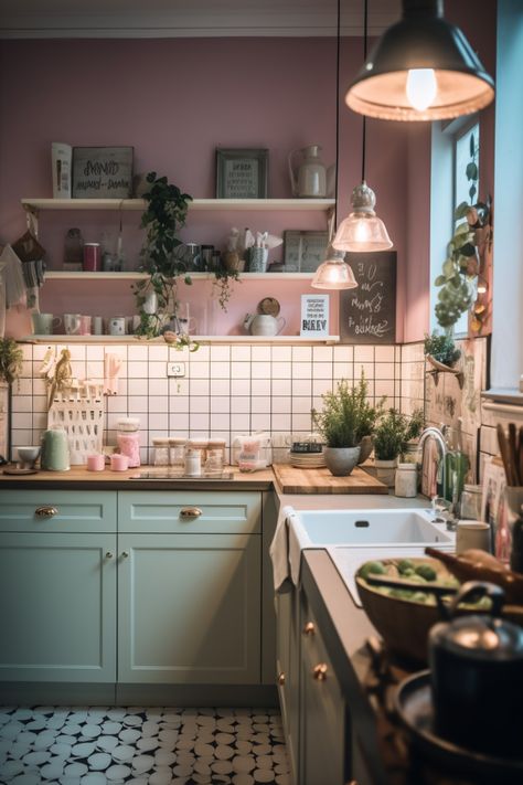 Colorful Kitchen And Living Room, Kitchen Design Colourful, Aesthetic Pastel Kitchen, Fun Color Kitchen, Small Colourful Apartment, Kitchen Inspo Colorful, Colorful Interiors Kitchen, Colorful Maximalist Decor Kitchen, Quirky Home Interior