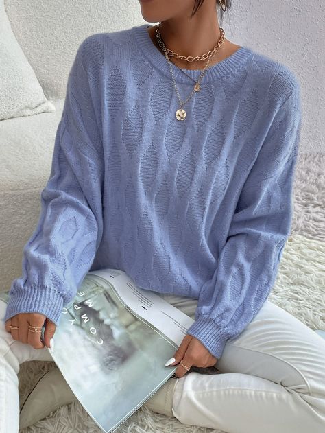 Dusty Blue Casual  Long Sleeve Acrylic Plain Pullovers Embellished Medium Stretch Spring/Fall Women Knitwear Periwinkle Sweater, Winter Sweater Outfits, Lee Jin, Style Moodboard, Solid Sweaters, Women Sweaters, Light Blue Sweater, Blue Outfit, Blue Sweater