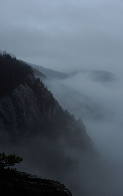 Misty mountains evoke a sense of mystique and grandeur, shrouded in layers of ethereal fog. Their peaks disappear into the clouds, creating an otherworldly atmosphere. The mist softens the edges of rugged cliffs and adds an air of mystery to the landscape, as if hiding ancient secrets within their valleys and crevices. Dark Peaceful Aesthetic, Misty Mountains Aesthetic, Dark Mountain Aesthetic, Mist Aesthetic, Dark Weather, Dark Mountains, Dark Summer, Landscape Painting Tutorial, Foggy Mountains