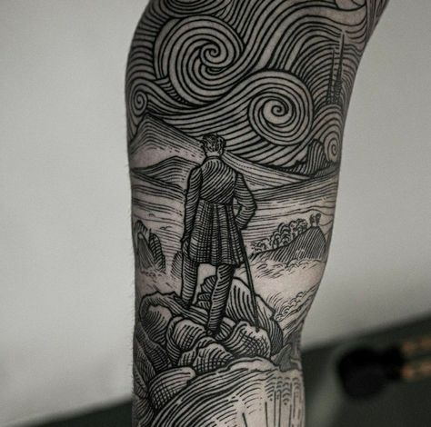 Lithograph Tattoo, Etching Tattoo Sleeve, Woodcut Tattoo Design, Woodcut Tattoo Sleeve, Mens Tattoo Sleeve, Vaporwave Tattoo, Apocalypse Tattoo, Natur Tattoo Arm, Inside Of Arm Tattoo