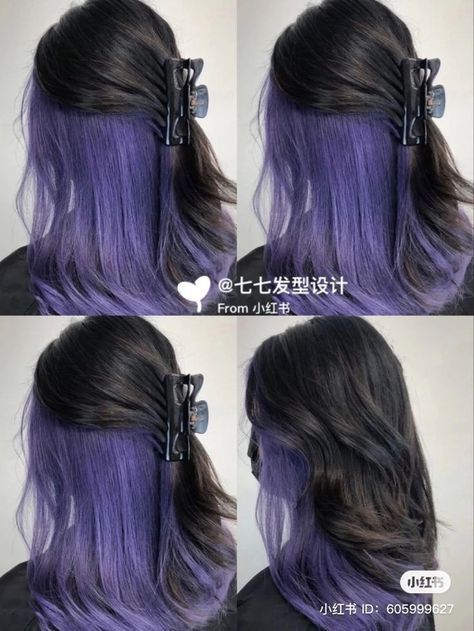 Half Up Hair Dye, Black And Purple Underneath Hair, Peek A Boo Lavender Hair, Hair Dye Half Up Half Down, Black Hair And Purple Highlights, Black Hair With Under Color, Under Side Hair Dye, Behind Hair Dye, Peak A Boo Hair Color Ideas