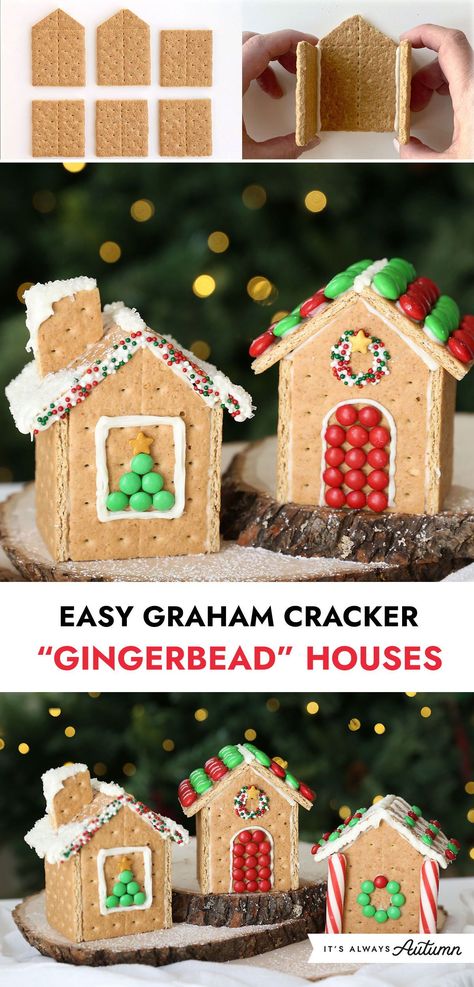 This is the easiest way to make a gingerbread house! Click through for step by step instructions for easy graham cracker houses that won't collapse. Gingerbread Houses Using Graham Crackers, How To Make A Gingerbread House With Graham Crackers, Gingerbread Houses With Graham Crackers Ideas, Diy Easy Gingerbread House, Ginger Bread House Out Of Graham Crackers, Gingerbread House Ideas With Graham, Gingerbread Houses In The Classroom, Gingerbread House Made With Graham Crackers, Easy Homemade Gingerbread House