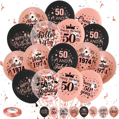 PRICES MAY VARY. 50th birthday decoration for women: our rose gold 50th birthday supplies include 40 latex balloons, printed with "vintage 1974", "made in 1974", "cheers to 50 years", "happy birthday 50th", "hello fifty", "it's my 50th birthday", "50 and fabulous" and other words, very suitable for women's 50th birthday. Premium quality: our rose gold 50th birthday balloons are made of high-quality latex material, which is long-lasting, and able to hold helium for a long time. each balloon is de 50th Birthday Ideas For Women Themes, 40th Birthday Themes, 40th Birthday For Women, 40th Birthday Balloons, 50th Birthday Balloons, 80th Birthday Decorations, 60th Birthday Decorations, Happy 80th Birthday, 41st Birthday