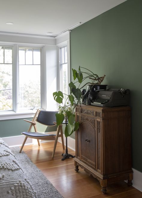 Walls painted in Benjamin Moore's Cushing Green serve as a moody backdrop for vintage pieces in the master bedroom. Cushing Green, Coin Banquette, Custom Bunk Beds, Arts And Crafts Interiors, Ann Sacks Tiles, Bunk Beds Built In, Green Walls, Built In Bookcase, Bedroom Green