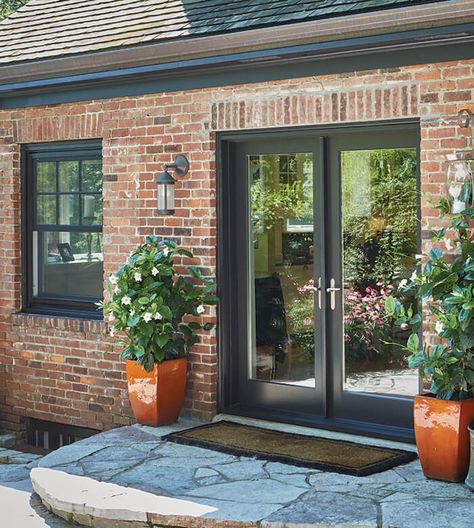 Kickstarting a Classic  | Kolbe Windows & Doors Brown Brick Exterior, Brown Brick Houses, Black Windows Exterior, Brick Ranch Houses, Red Brick House Exterior, Brick Cottage, Custom Millwork, Bungalow Exterior, Brick Ranch