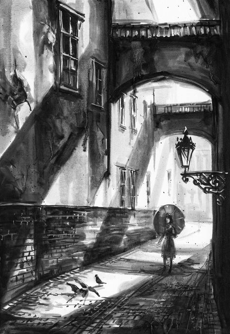 Sketches Of Streets, Black And White Scenery Drawing, Historical Drawings Art, Old Street Drawing, Black And White City Painting, Black And White City Drawing, Buildings Drawing Architecture, Modern City Architecture, Charcoal Architecture Drawing