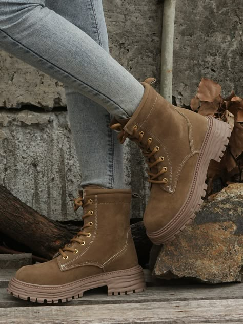 Brown Cool Collar   Plain Combat Boots Embellished   Women Shoes Combat Boots Aesthetic, Brown Lace Up Boots, Brown Combat Boots, Womens Combat Boots, Boots Women Fashion, Suede Lace, Casual Style Outfits, Style Outfits, Work Outfits