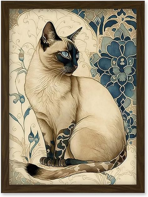 Amazon.com: Siamese Cat with Blue Flower Pattern Modern Art Nouveau Watercolour Illustration Artwork Framed Wall Art Print A4 : Home & Kitchen Vintage Siamese Cat Art, Cat Modern Art, Watercolor Siamese Cat, Siamese Cats Drawing, Siamese Tattoo, Art Nouveau Animals, Siamese Cat Drawing, Illustration Chat, Cat Illustration Design