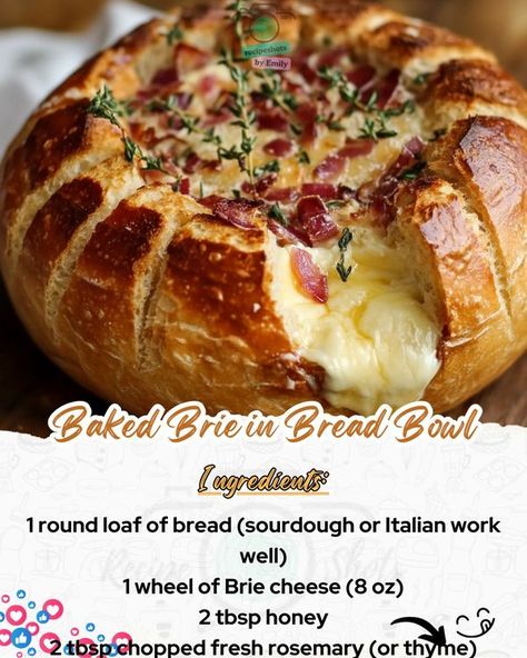 Emily Recipes | Baked Brie in Bread Bowl 🧀🍞 | Facebook Baked Brie In Bread Bowl, Baked Brie In Bread, Brie Bread Bowl, Bread Sourdough, Bread Bowl, Loaf Of Bread, Brie Cheese, Baked Brie, Bread Bowls