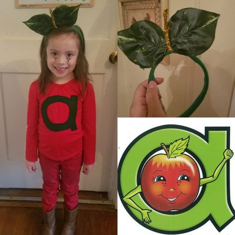 Annie Apple Costume from Letterland for a Letterland parade. A plain red long sleeve shirt with an a cut from a sheet of felt hot glued on. Headband was made from a St. Patrick's day bow headband from Dollar Tree with leaves from a leaf bouquet from Dollar Tree and a golden pipe cleaner, all put together with hot glue. Annie Apple Costume, Letter Land Characters Costumes, Letterland Characters Costumes, Alphabet Dress Up Day At School, Apple Costume Diy, Apple Costume For Kids, Alphabet Costumes, Diy Apple Costume, Letterland Costumes Ideas