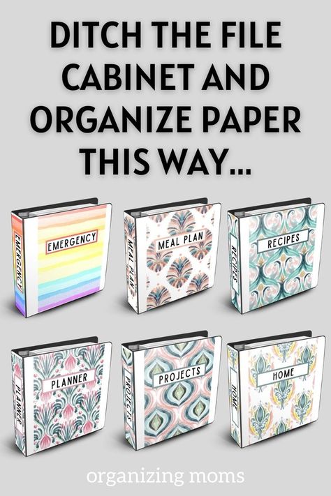 Image of printable binder covers on binders. Text says Ditch the File Cabinet and Organize Paper This Way... Paperwork Organization Filing System, Brochure Organization Storage, Organizing Papers At Home, Home Filing System Categories Free Printable, Important Documents Storage, Personal File Organization, Organizing Bills And Paperwork, Home File Organization Categories, Important Documents Organization