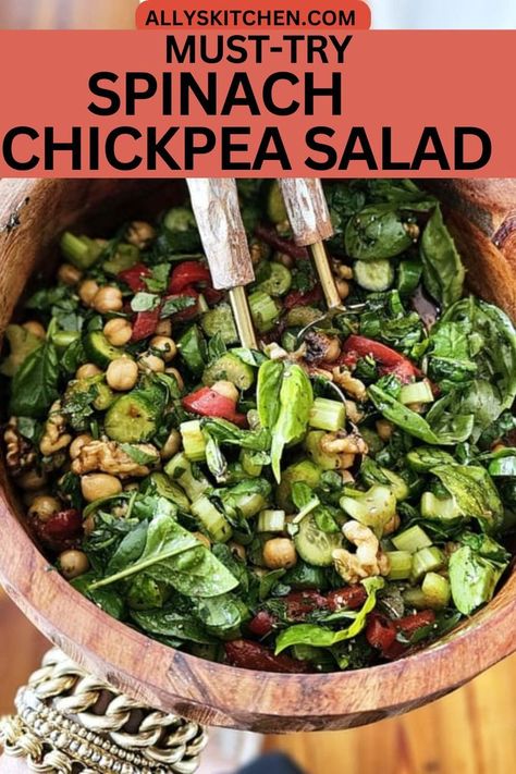 Overhead shot of wooden bowlful of spinach chickpea salad. Chickpea Mixed Green Salad, Green Salad With Chickpeas, Spinach Chickpea Salad, Chic Pea Recipe, Spinach Salad Recipes Easy, Chic Pea Salad, Healthy Spinach Salad, Chickpea Spinach Salad, Interesting Salads