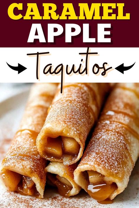 These caramel apple taquitos are the most tempting fall treat! Cinnamon-spiced apples get rolled in a crispy tortilla for a dessert no one can resist. Caramel Apple Taquitos, Apple Taquitos Recipes, Can Apples Recipes, Apple Tortilla Dessert, Tortilla Desserts, Apple Taquitos, Carmel Recipe, Tortilla Dessert, Fun Fall Desserts