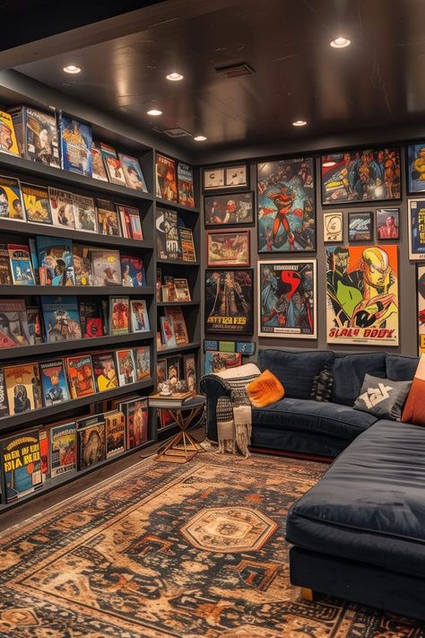 20 Man Cave Ideas - Remodr Comic Book Man Cave, Cool Game Room Ideas, Cool Game Room, Collectors Room Ideas, Comic Book Rooms, Man Living Room, Boy Room Bedding, Hobby Room Design, Room Ideas Men