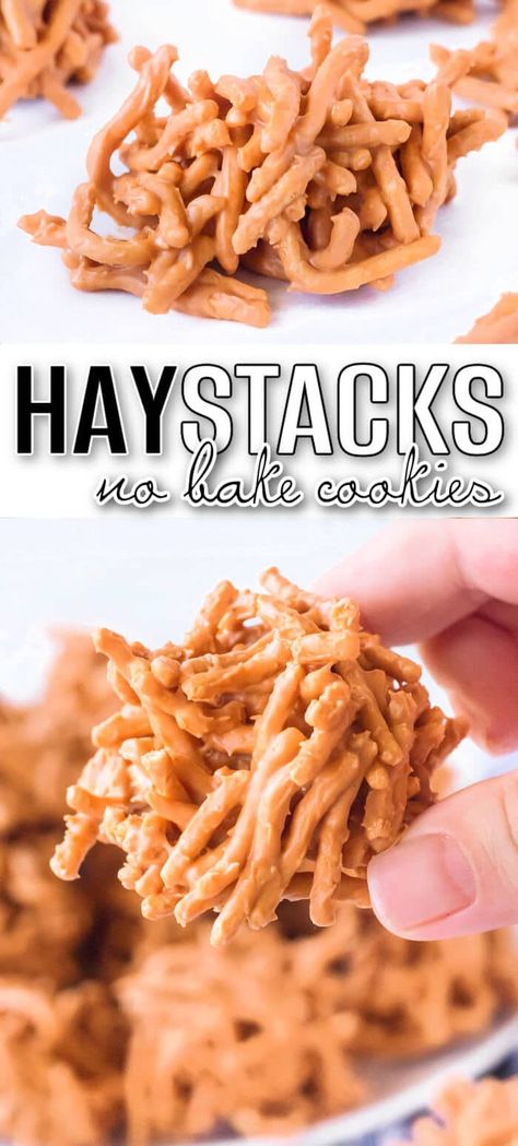 NO BAKE HAYSTACK COOKIES Haystacks Recipe With Marshmallows, Chinese Noodle Cookies, No Bake Haystack Cookies, Chow Mein Noodle Cookies, Peanut Butter Haystacks, Haystack Cookies, Haystacks Recipe, Hot Chocolate Cookies Cups, Crisp Recipes