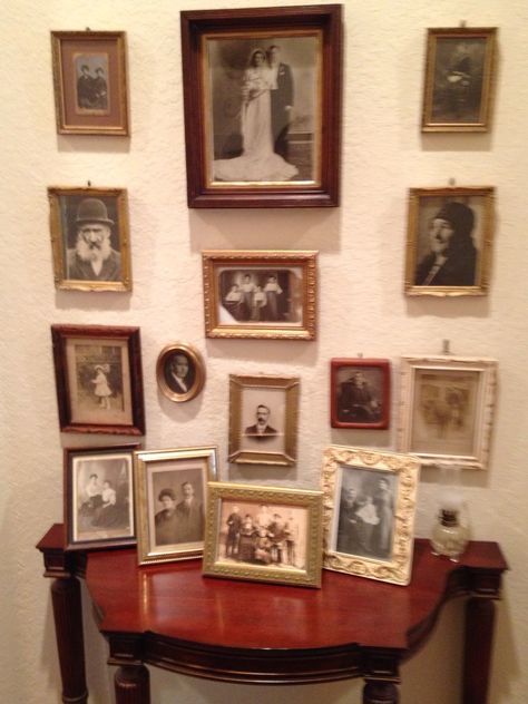 Family photos of my ancestors make a great display in the alcove of a hallway. Ancestor Photos Display, Indian Family Photo, Family Photo Wall, Display Family Photos, Indian Family, Old Family Photos, Indian Homes, My Ancestors, Retro Furniture