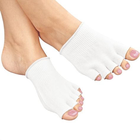 PRICES MAY VARY. Cotton Blend Compression Toe Socks with Gel Inside: Toe separators pedicure white gel-lined socks moisturizes the toe skin makes your feet super soft, gel socks for dry feet hold up the moisturizing gel to recover you hard cracked skin. Easy to Wash: These gel toe separators for overlapping toes women are super easy to wash, you just need to rinse toeless socks in cold water with detergents and after couple of hours just rinse these with water and do not wash these toe separator Pedicure White, Toeless Socks, Gel Socks, Toe Spacers, Gel Pedicure, Foot Pain Relief, Toe Separator, Gel Toes, Post Workout Recovery