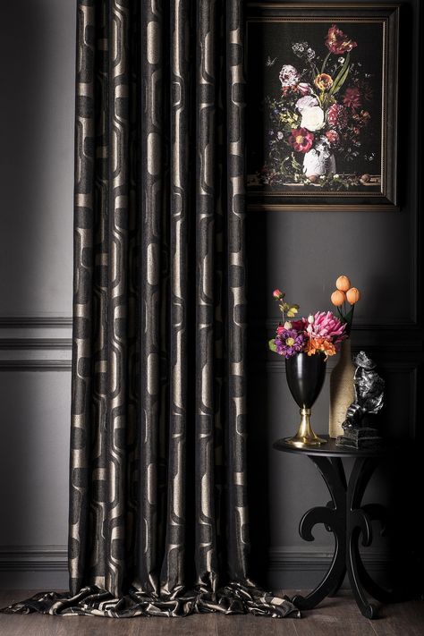 Black And Beige Curtains, Black Linen Curtains, Versace Curtains, Dark Interiors Curtains & Drapes, Black And Gold Curtains, Curtains Luxury, Embroidered Curtains, Patterned Curtains, Gothic Bedroom Curtains & Drapes