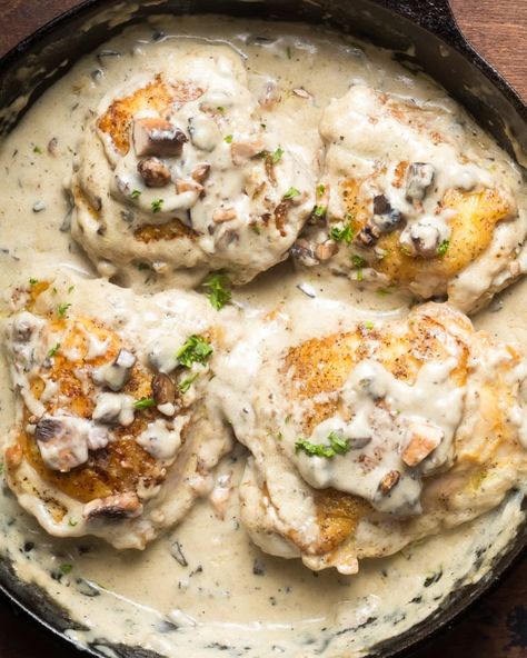 Cream Of Mushroom Chicken Thighs Mushroom Chicken Thighs, Red Skin Mashed Potatoes, Cream Of Mushroom Chicken, Chicken Thighs Mushrooms, Oven Baked Chicken Thighs, Baked Mushrooms, Mushroom Soup Recipes, Cream Of Mushroom, Baked Chicken Thighs