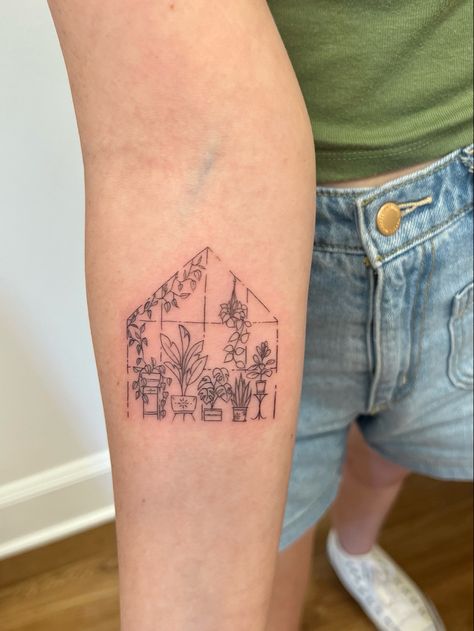 Garden Design Tattoo, Plant Book Tattoo, Interior Design Tattoo Ideas, Garden Inspired Tattoos, Potted Plants Tattoo, Terrarium Tattoo Ideas, Large Fine Line Tattoo Ideas, House Plants Tattoo, Secret Gardens In My Mind Tattoo