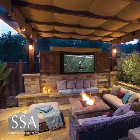 Outdoor Grill Area With Tv, Outdoor Tv Seating Area, Tv Outdoor Patio, Backyard Patio Tv Ideas, Back Porch With Fire Pit, Outdoor Tv Area Backyard, Backyard Fire Pit Lounge Areas, Backyard Pavilion With Fire Pit, Backyard With Tv Outdoor Spaces