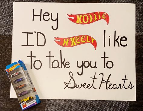 Hot Wheels Dance Proposal, Hot Wheels Promposal Ideas, Hot Wheel Promposal, Hot Wheels Hoco Proposal, Hot Wheels Promposal, Promposal Response, Hot Wheels Poster, Prom Funny, Prom Posals