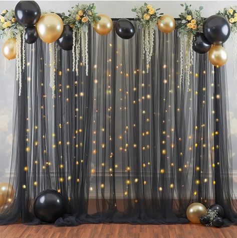 Fresher Party Decoration, Freshers Decoration Ideas, Freshers Party Decoration Ideas, Curtain With Lights, Black Birthday Backdrop, Hoco Dance, Sheer Backdrop, Square Backdrop, Black And Gold Party Decorations