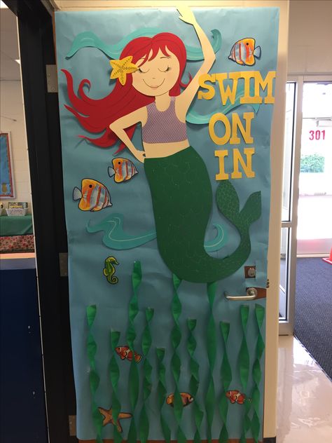 Mermaid Classroom Door, Mermaid Door Decorations, Little Mermaid Classroom Theme, Mermaid Classroom, Beach Classroom, Birthday Chart, Ocean Classroom, Under The Sea Decorations, Ocean Theme Classroom