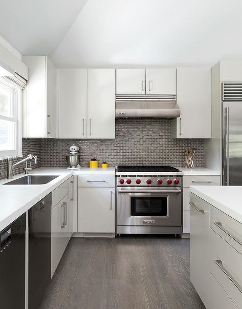 White and Gray Kitchen with Gray Mini Brick Tile Backsplash Kitchen Tile Backsplash With Oak, Flat Front Kitchen Cabinets, White And Gray Kitchen, Gray Kitchen Backsplash, Flat Front Cabinets, Brick Tile Backsplash, White Kitchen Lighting, Gray Tile Backsplash, Flat Kitchen