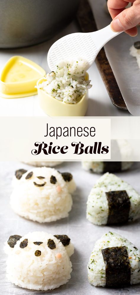 Vegan Japanese Onigiri, Sticky Rice Lunch Ideas, Things To Make With Sushi Rice, Omusubi Rice Ball, How To Make Japanese Rice Balls, Panda Rice Balls, Japanese Sticky Rice Recipe, Easy To Make Japanese Snacks, Japanese Rice Dessert