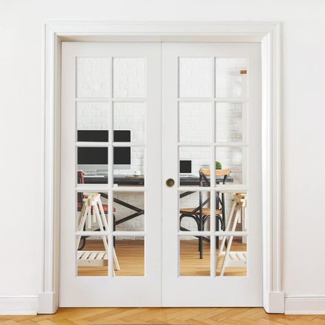 French 10 Lite Clear Glass MDF Interior Double Door - Krosswood Double Door Interior Bedroom, Home Office Double Doors, Interior Office Doors, French Doors To Office, Home Office With French Doors, French Doors Office, Interior Double Door, Office With French Doors, 5 Panel Doors